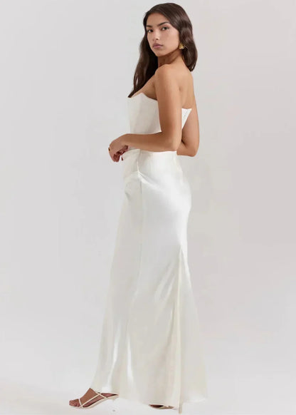 Vestido largo mujer palabra de honor fruncido satinado de noche