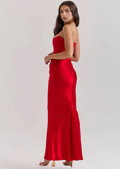 Vestido largo mujer palabra de honor fruncido satinado de noche