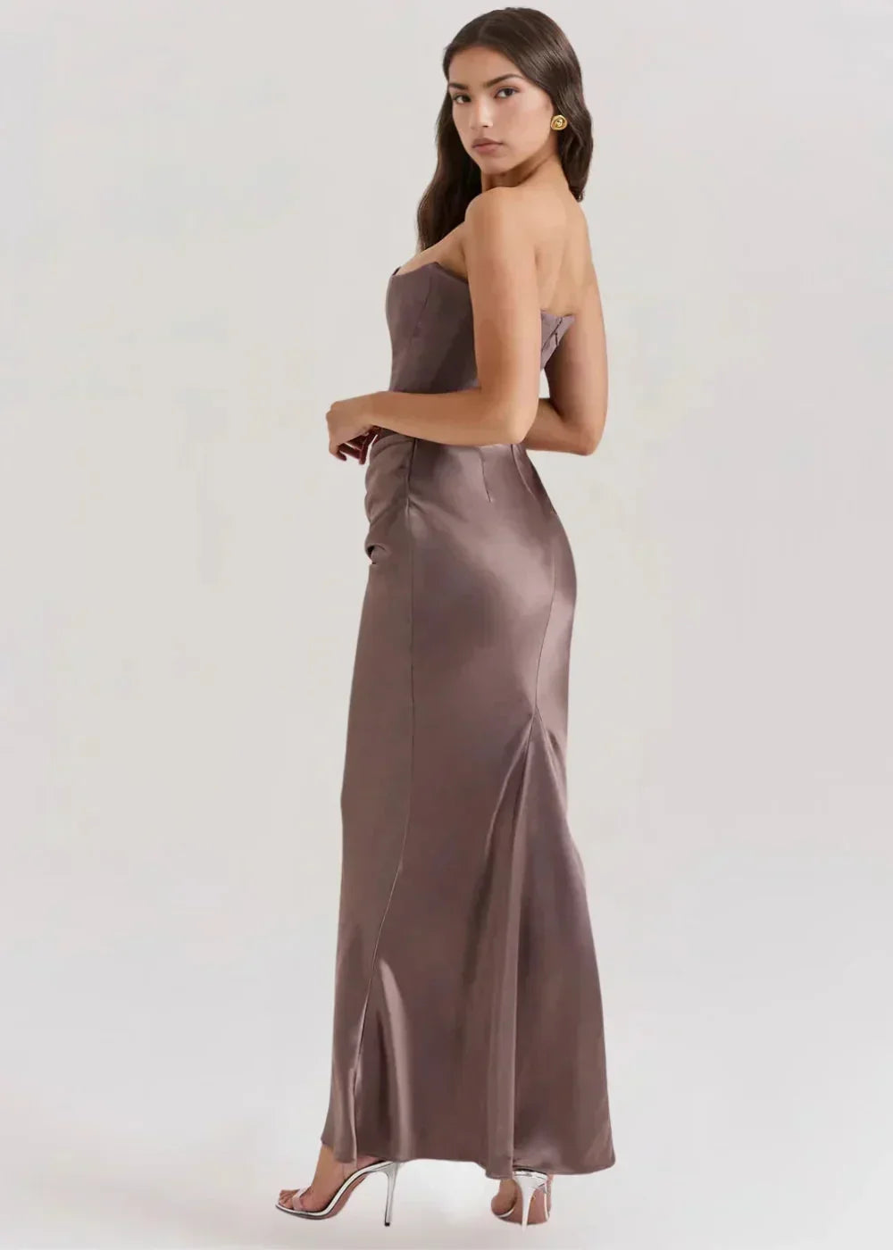 Vestido largo mujer palabra de honor fruncido satinado de noche