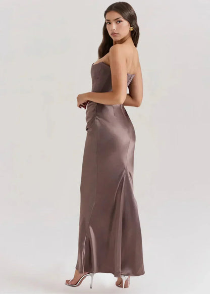 Vestido largo mujer palabra de honor fruncido satinado de noche