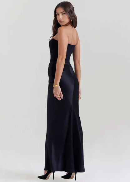 Vestido largo mujer palabra de honor fruncido satinado de noche