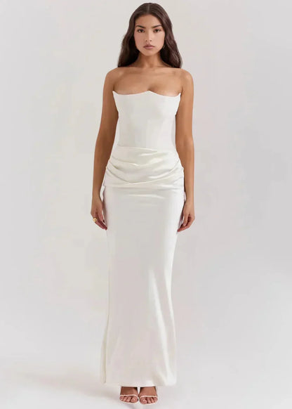 Vestido largo mujer palabra de honor fruncido satinado de noche