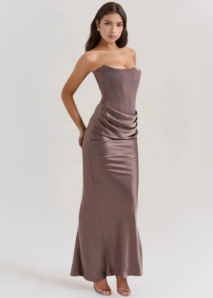 Vestido largo mujer palabra de honor fruncido satinado de noche