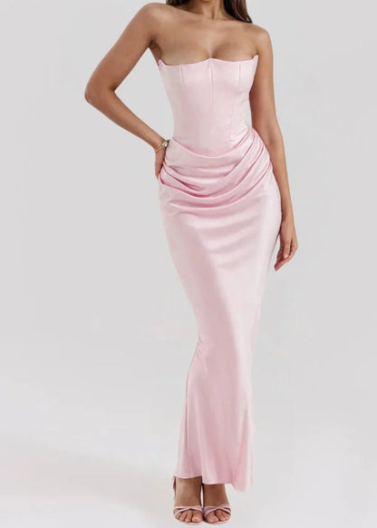 Vestido largo mujer palabra de honor fruncido satinado de noche
