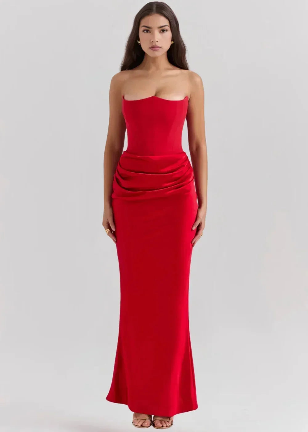 Vestido largo mujer palabra de honor fruncido satinado de noche
