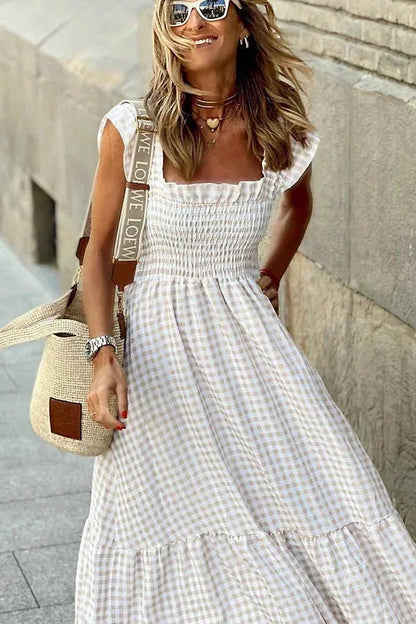 Vestido largo mujer de cuadros con mangas con volantes y escote cuadrado