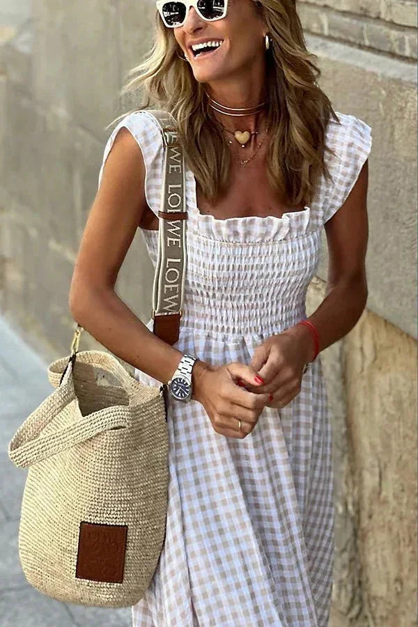 Vestido largo mujer de cuadros con mangas con volantes y escote cuadrado