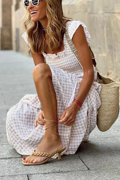 Vestido largo mujer de cuadros con mangas con volantes y escote cuadrado