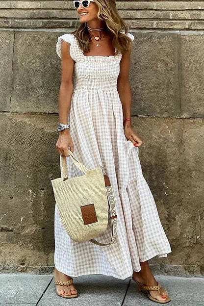 Vestido largo mujer de cuadros con mangas con volantes y escote cuadrado