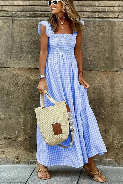 Vestido largo mujer de cuadros con mangas con volantes y escote cuadrado