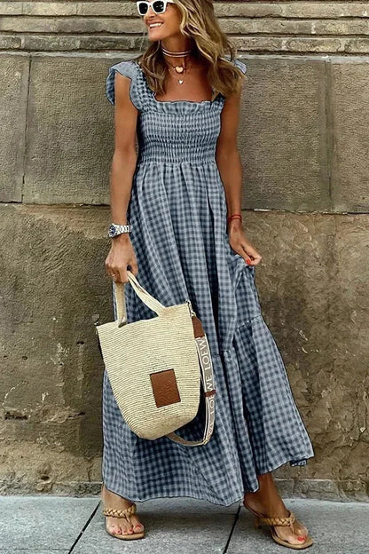 Vestido largo mujer de cuadros con mangas con volantes y escote cuadrado