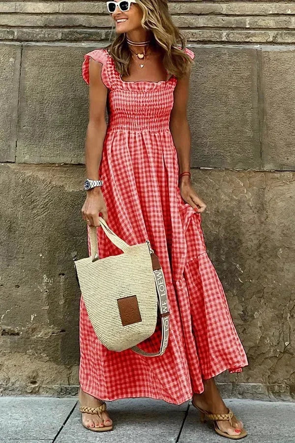Vestido largo mujer de cuadros con mangas con volantes y escote cuadrado