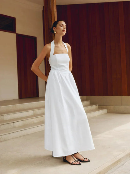 Vestido largo de mujer con cuello cuadrado y bolsillos integrados