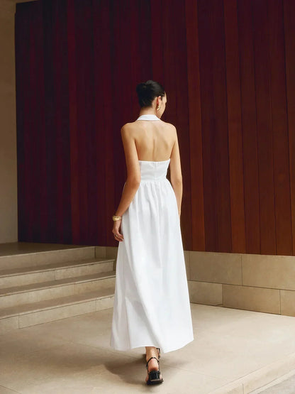 Vestido largo de mujer con cuello cuadrado y bolsillos integrados