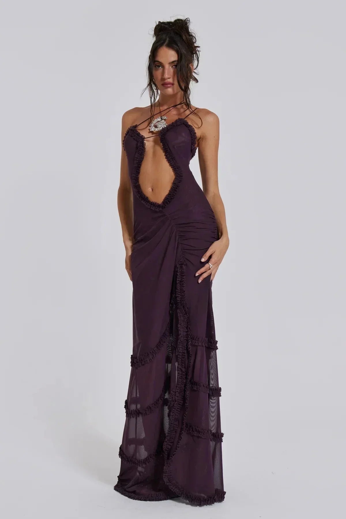 Vestido largo mujer con escote en V y detalles drapeados