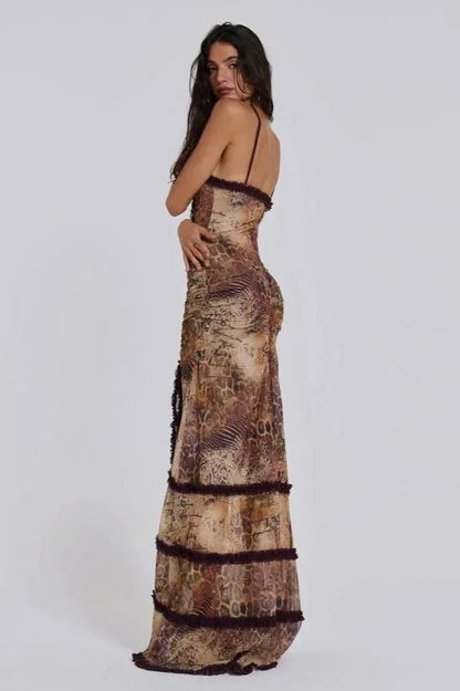 Vestido largo mujer con escote en V y detalles drapeados