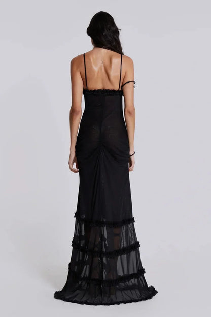 Vestido largo mujer con escote en V y detalles drapeados