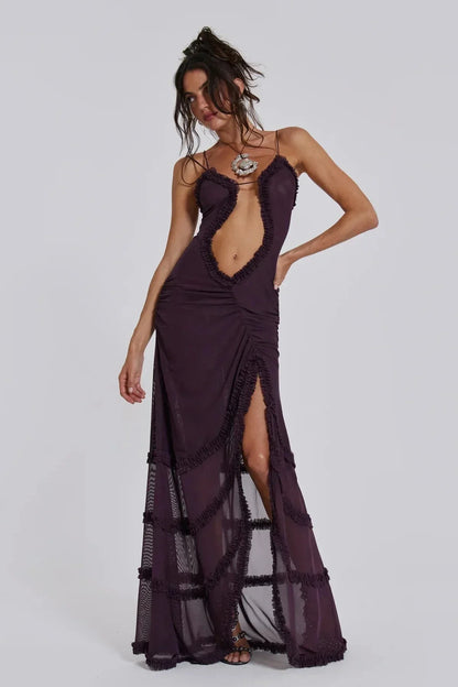 Vestido largo mujer con escote en V y detalles drapeados