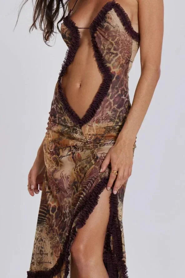 Vestido largo mujer con escote en V y detalles drapeados