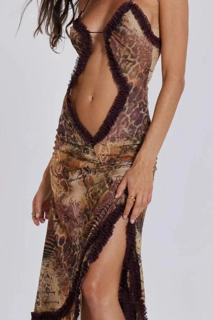 Vestido largo mujer con escote en V y detalles drapeados