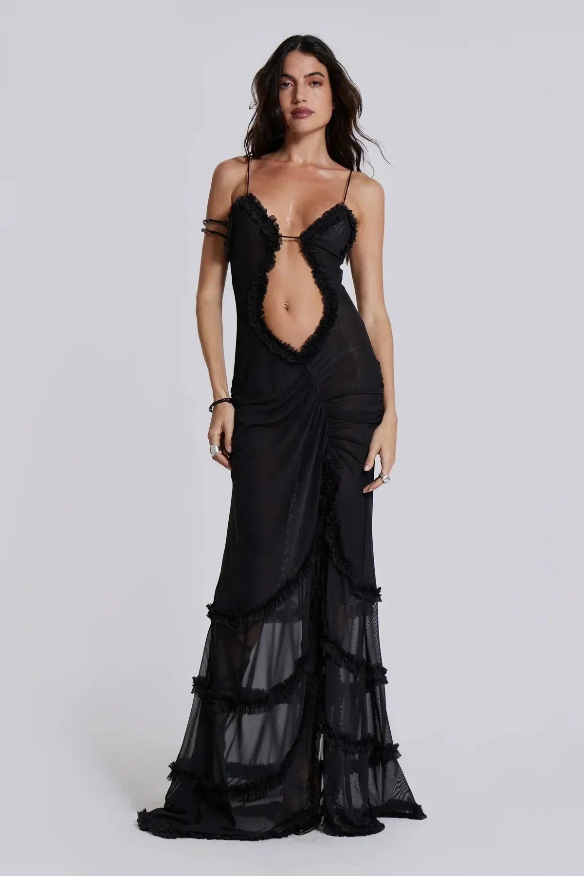 Vestido largo mujer con escote en V y detalles drapeados