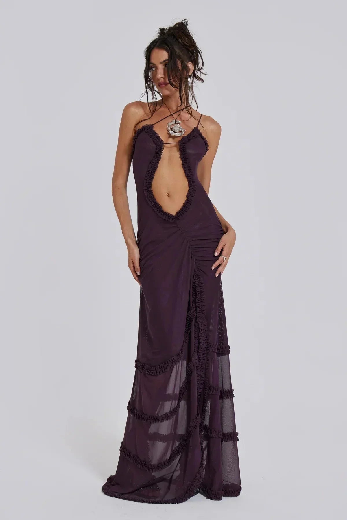 Vestido largo mujer con escote en V y detalles drapeados