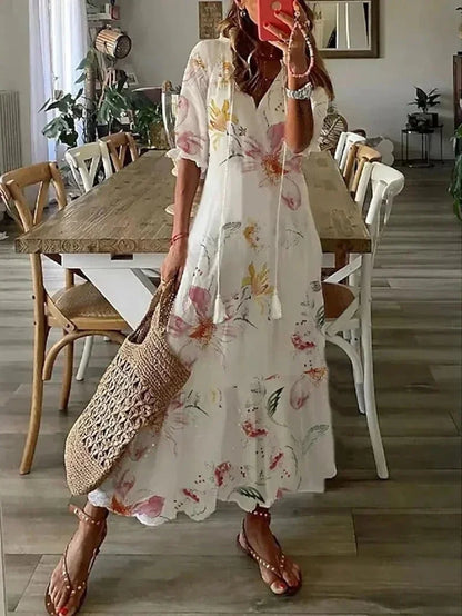Vestido largo mujer con escote en V y estampado floral