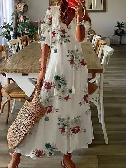 Vestido largo mujer con escote en V y estampado floral