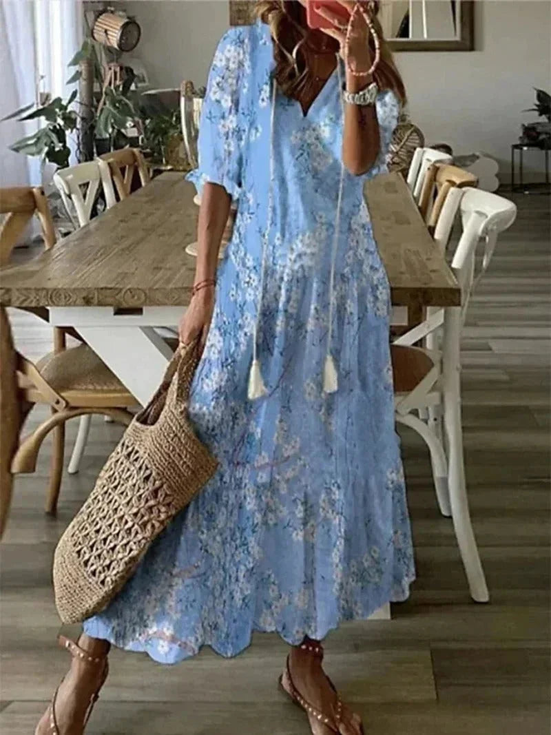 Vestido largo mujer con escote en V y estampado floral