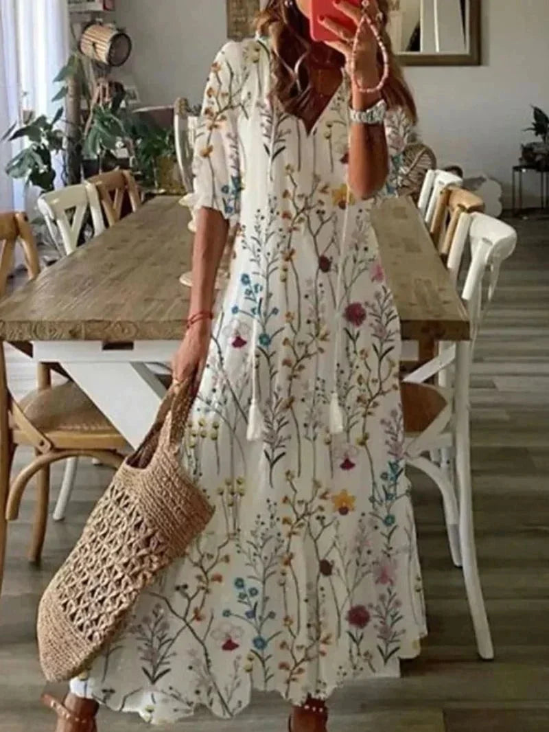 Vestido largo mujer con escote en V y estampado floral