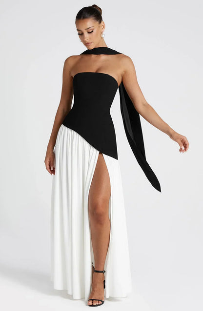 Vestido largo palabra de honor corsé con detalle de pañuelo y abertura alta