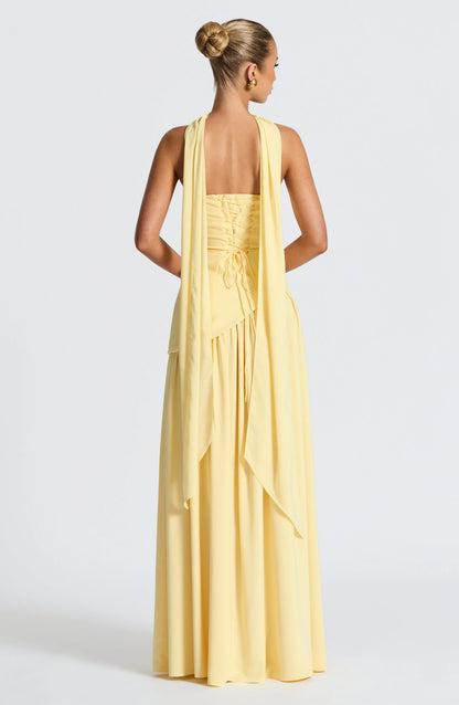 Vestido largo palabra de honor corsé con detalle de pañuelo y abertura alta