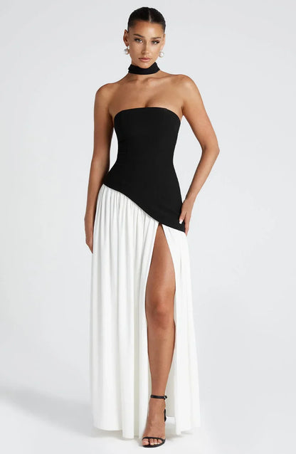 Vestido largo palabra de honor corsé con detalle de pañuelo y abertura alta