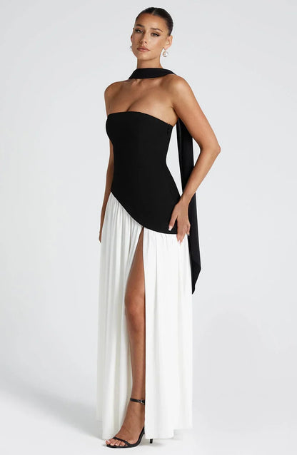 Vestido largo palabra de honor corsé con detalle de pañuelo y abertura alta