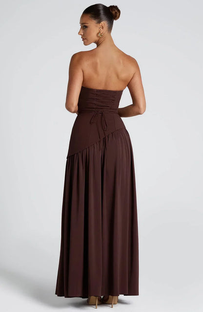 Vestido largo palabra de honor corsé con detalle de pañuelo y abertura alta