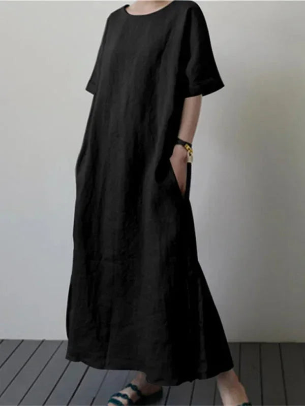 Vestido largo mujer con cuello redondo y cinturón ajustable