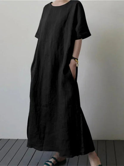 Vestido largo mujer con cuello redondo y cinturón ajustable