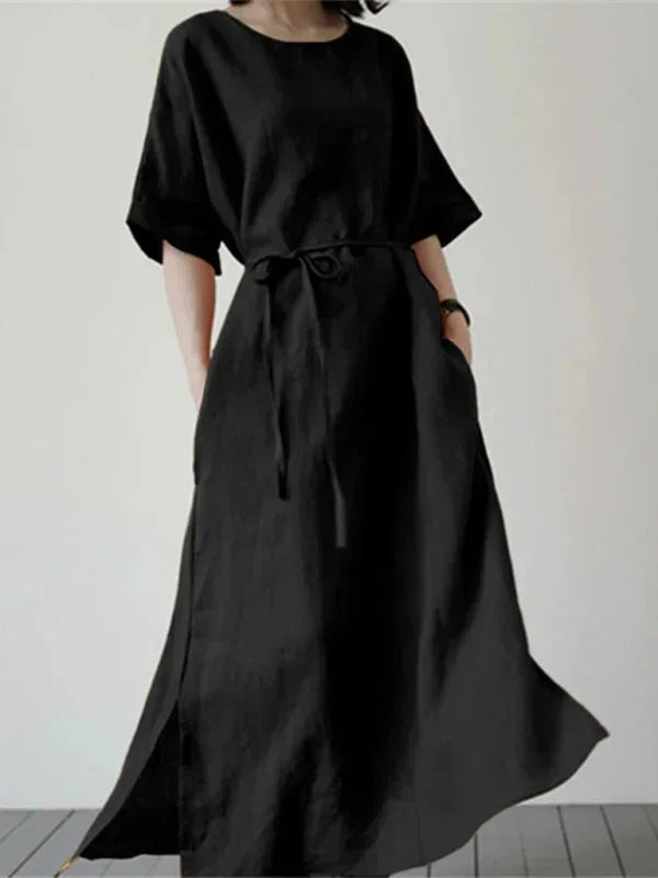 Vestido largo mujer con cuello redondo y cinturón ajustable