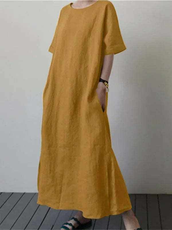 Vestido largo mujer con cuello redondo y cinturón ajustable