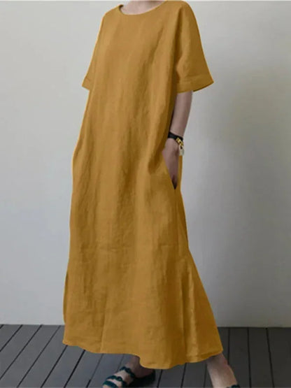 Vestido largo mujer con cuello redondo y cinturón ajustable