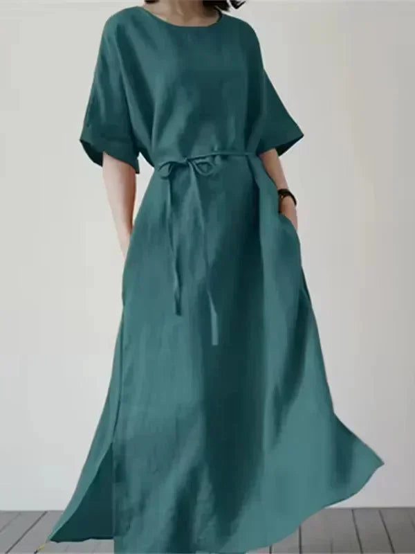 Vestido largo mujer con cuello redondo y cinturón ajustable