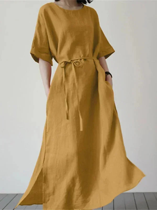 Vestido largo mujer con cuello redondo y cinturón ajustable