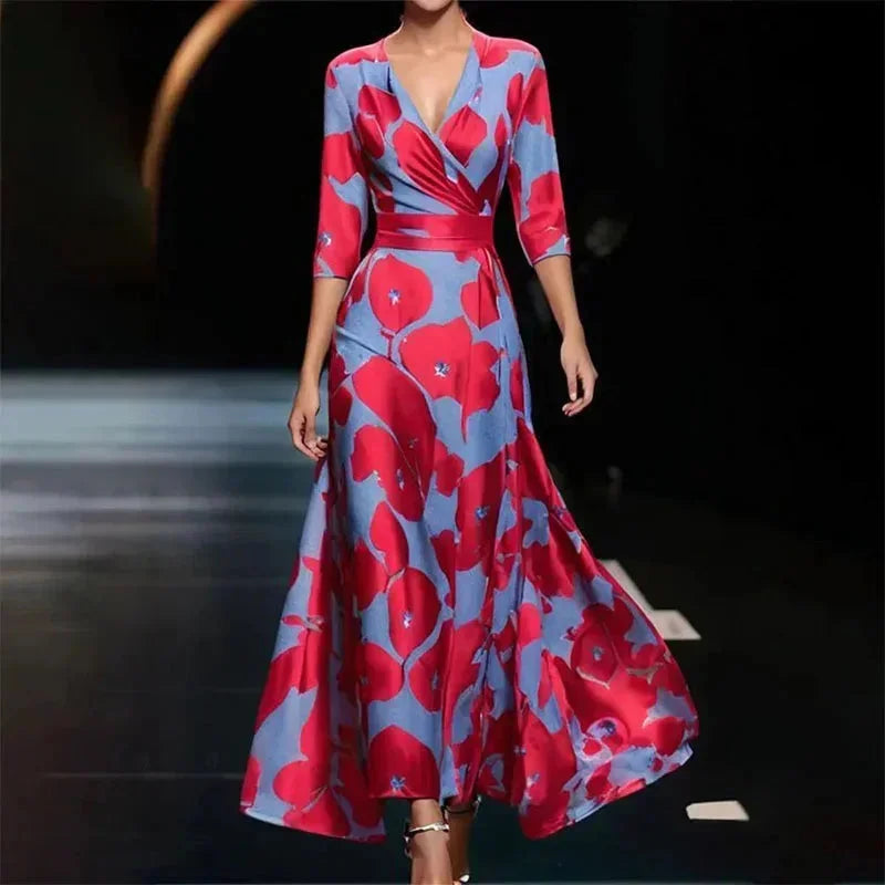 Vestido largo mujer con escote en V, estampado floral y cinturón