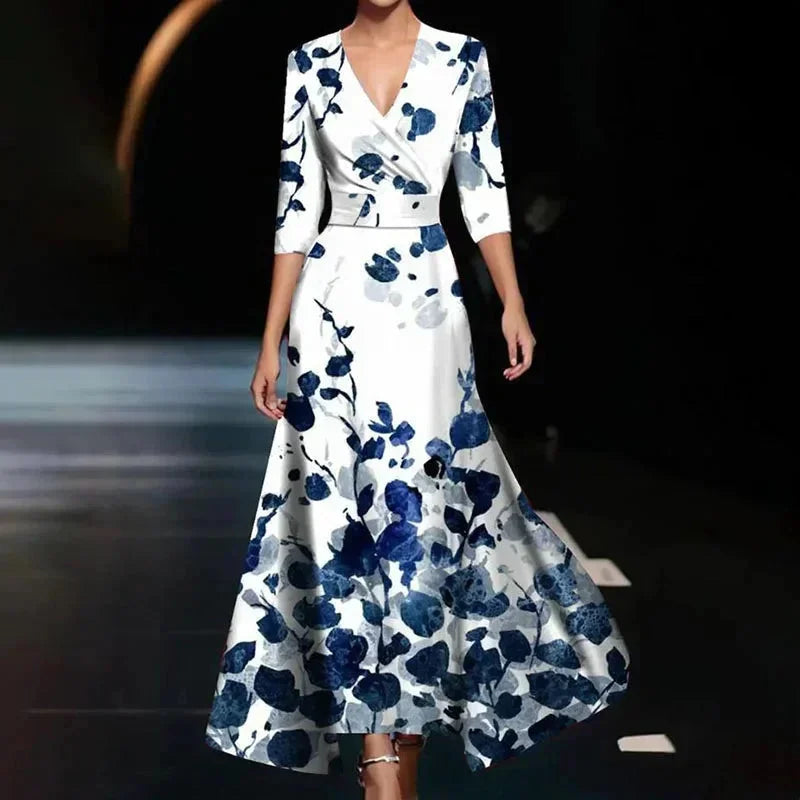 Vestido largo mujer con escote en V, estampado floral y cinturón