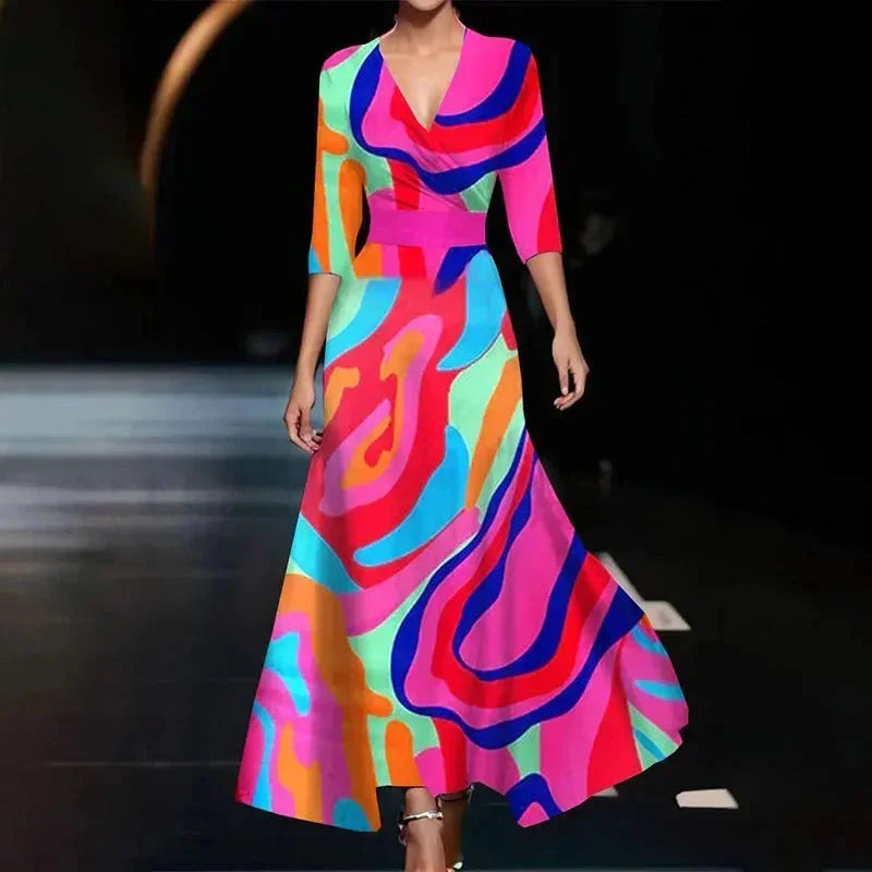 Vestido largo mujer con escote en V, estampado floral y cinturón