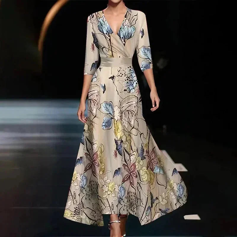 Vestido largo mujer con escote en V, estampado floral y cinturón