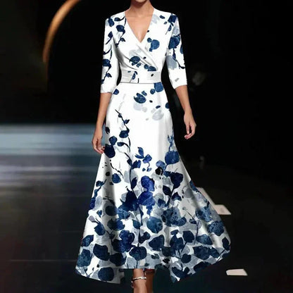Vestido largo mujer con escote en V, estampado floral y cinturón
