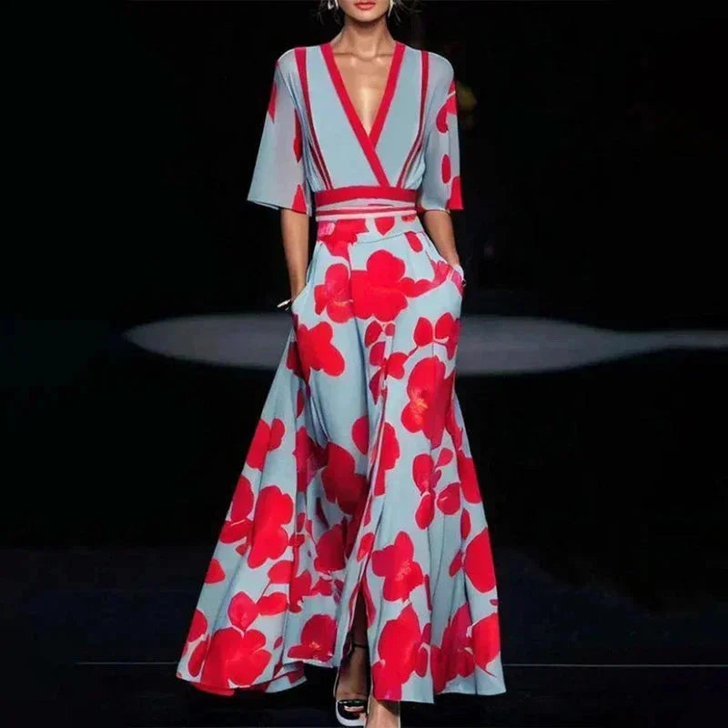 Vestido largo mujer con escote en V, estampado floral y cinturón