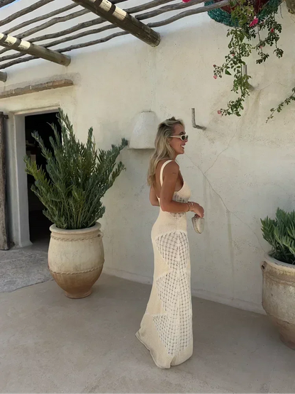 Vestido largo mujer crema sin mangas con diseño calado