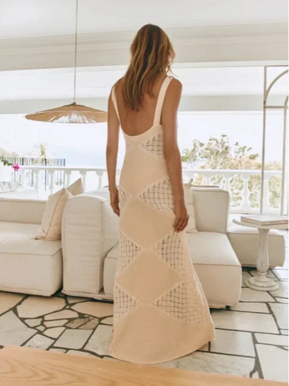 Vestido largo mujer crema sin mangas con diseño calado